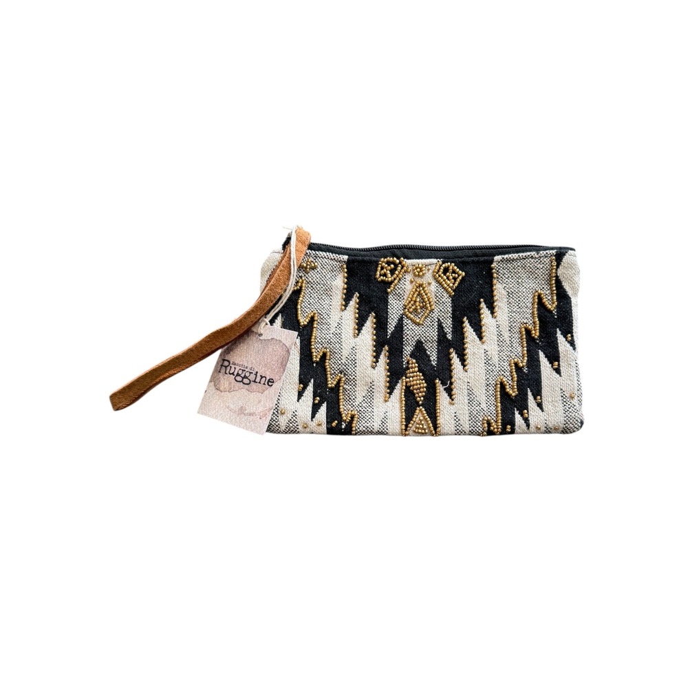 Macchie di‎ Ruggine Beaded Geometric Wristlet Pouch Black White Gold Boho NWT